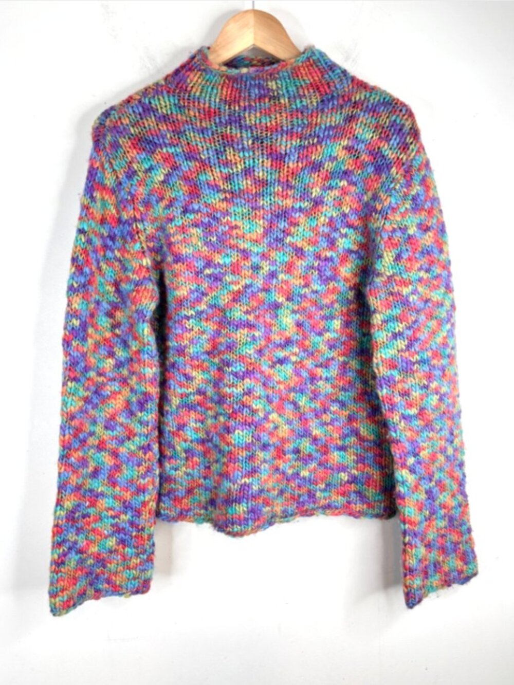 Vtg 90s Kate Hill 100% Wool Chunky Rainbow Knit Sweater M Confetti Mock Neck